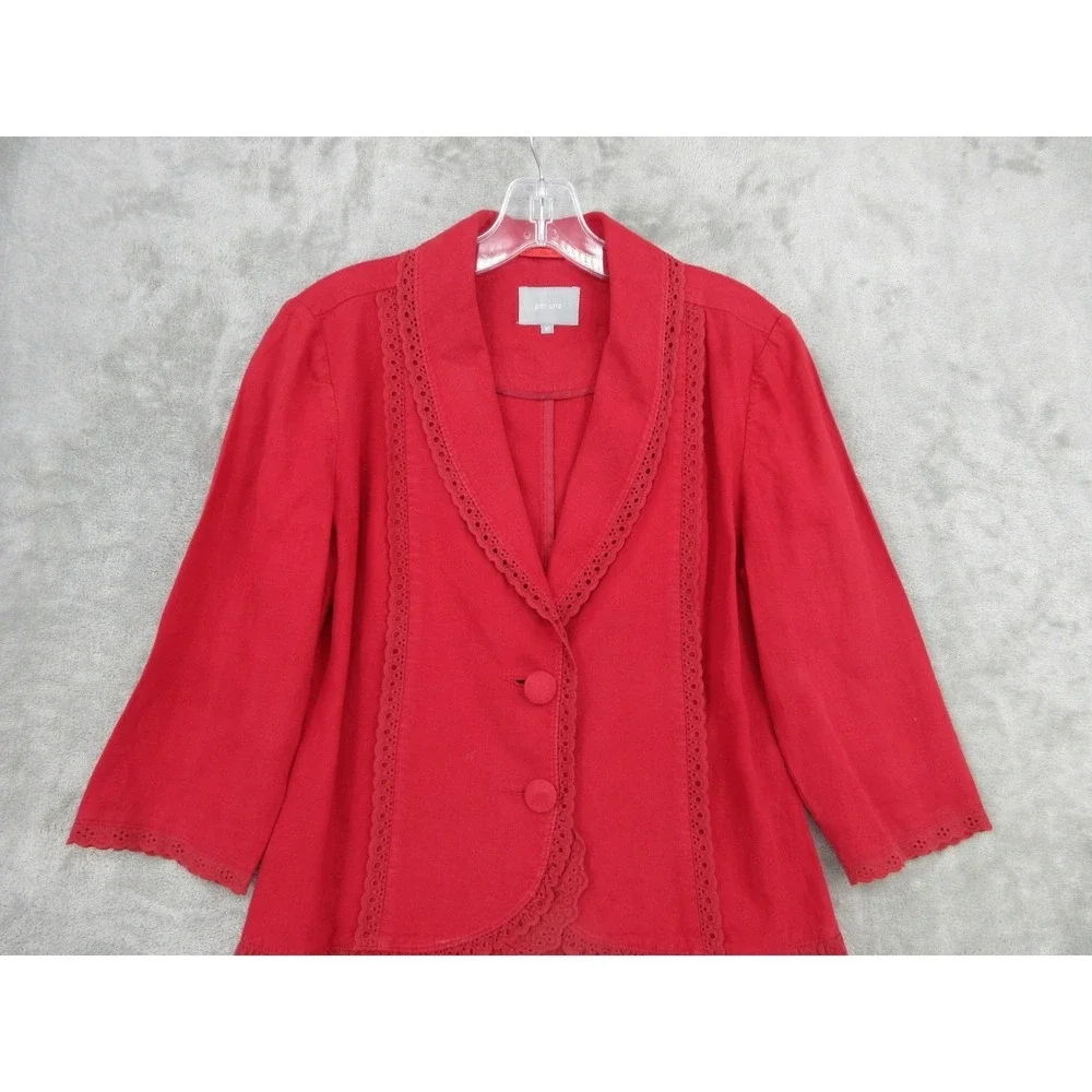 Per Una Jacket‎ Womens 10 Linen Eyelet Lace Trim Ruffle Blazer Office Career Red